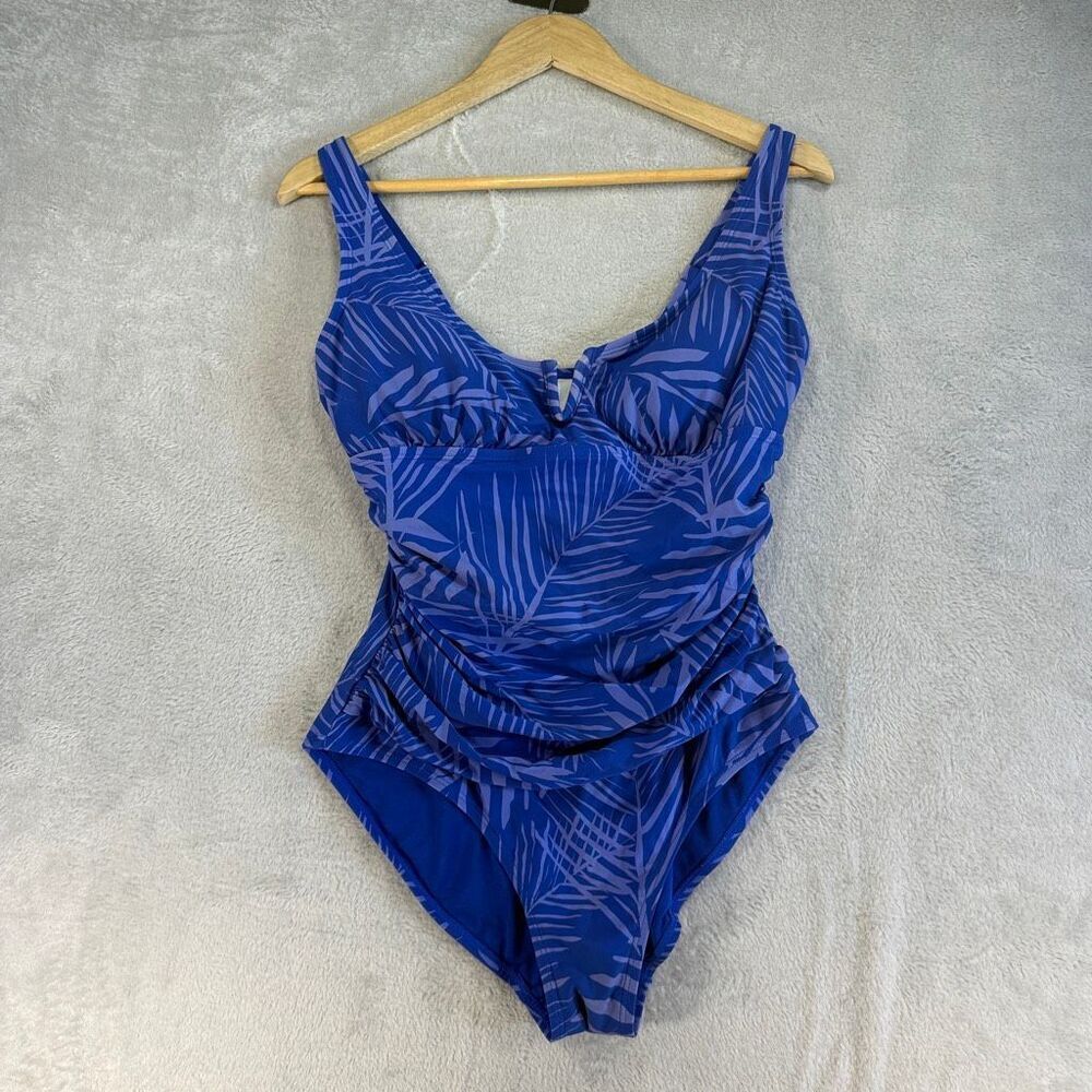 Sonnet Shores Blue Tropical Leaf Ruched One-Piece Swimsuit Size 10 G